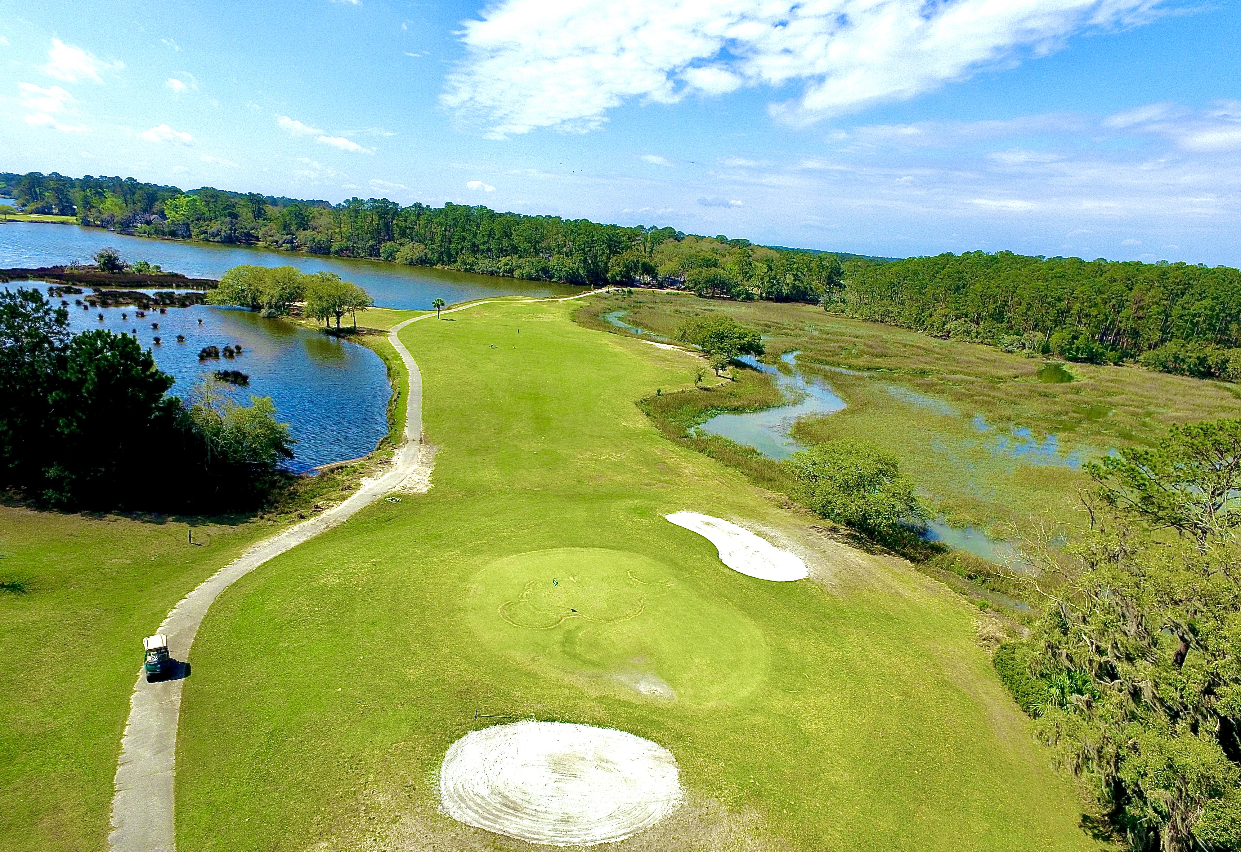 Bird's eye view of golf course with cart path and bunkers
