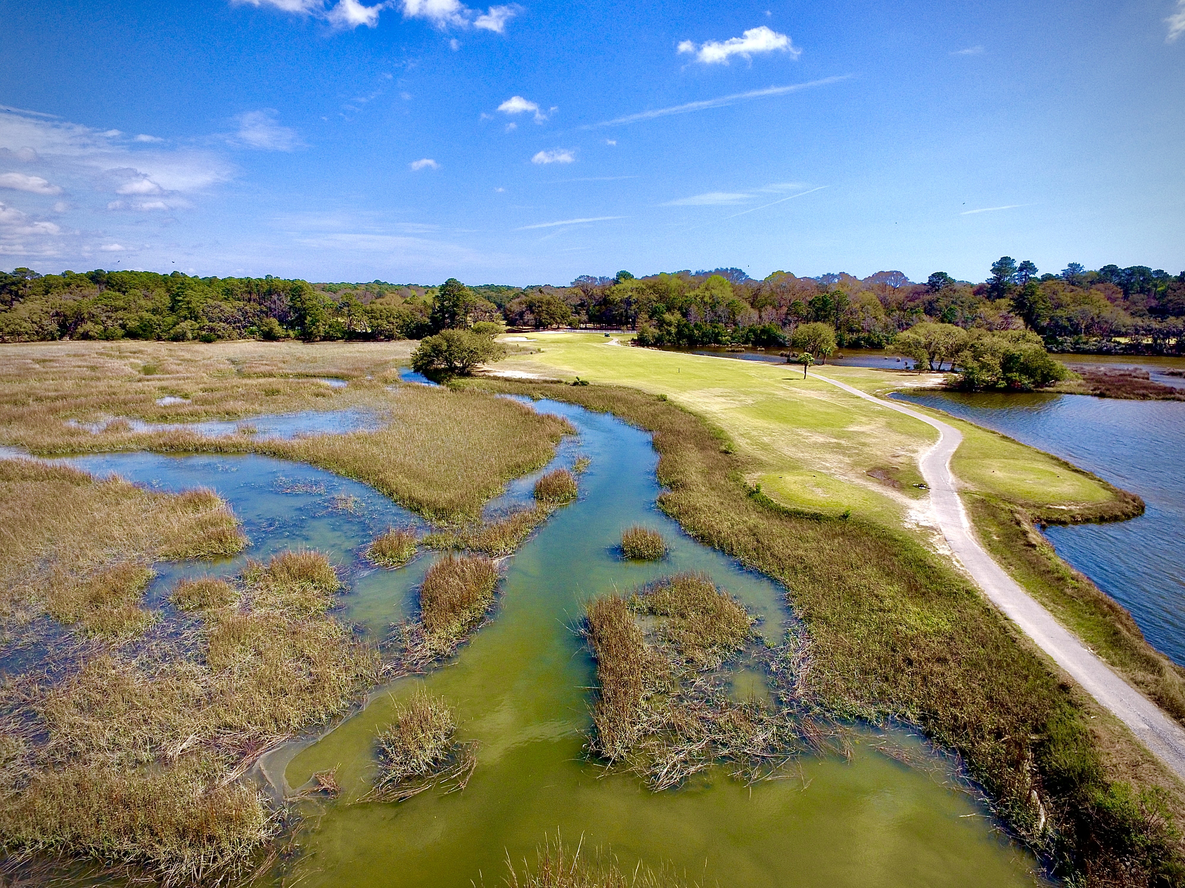 Path on golf course with trees in distance